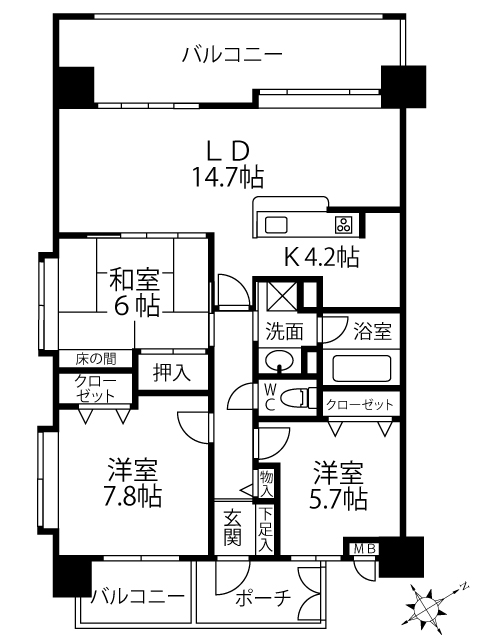 シーサイドパレスフェニックス古賀814号室の間取り図 - 82.68㎡ 3LDK