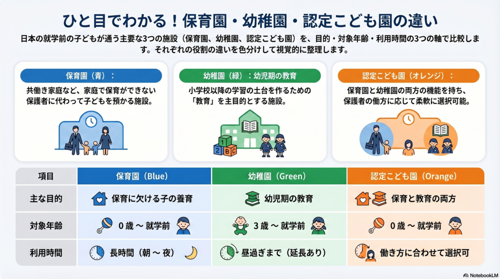宗像市
ひと目でわかる!保育園・幼稚園・認定こども園の違い