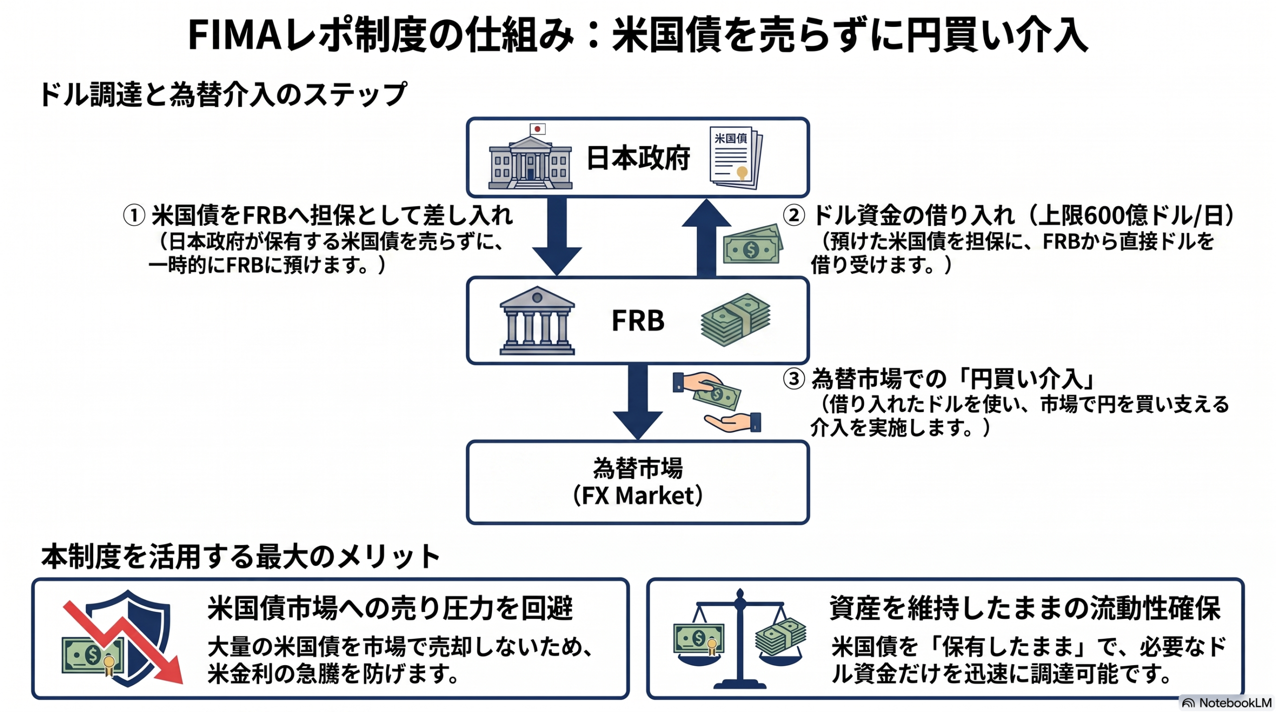 FIMAレポ制度の仕組み：米国債を売らずに円買い介入する流れを示した図解